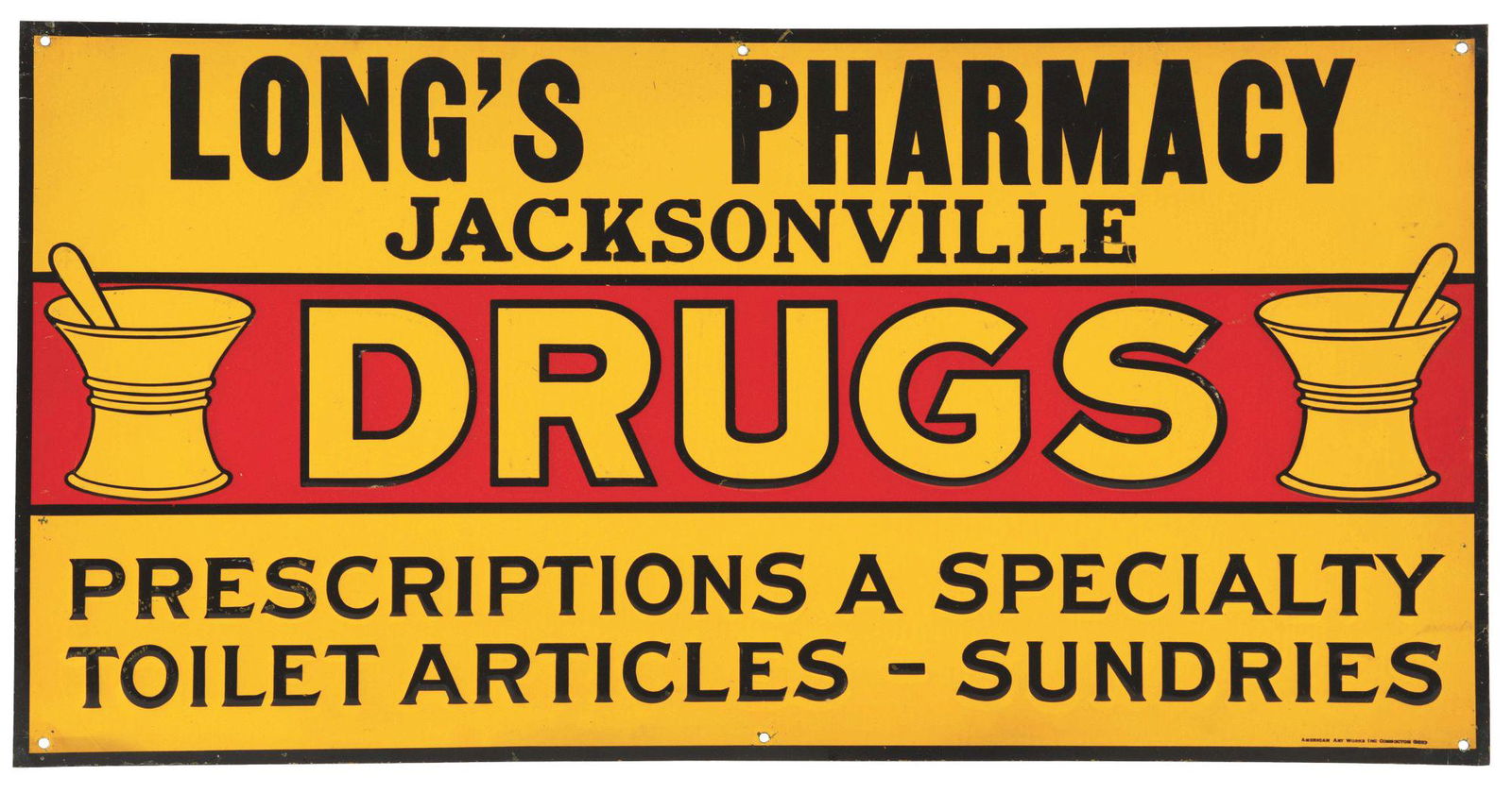 LONG'S PHARMACY EMBOSSED TIN DRUG STORE SIGN. (1 of 3)