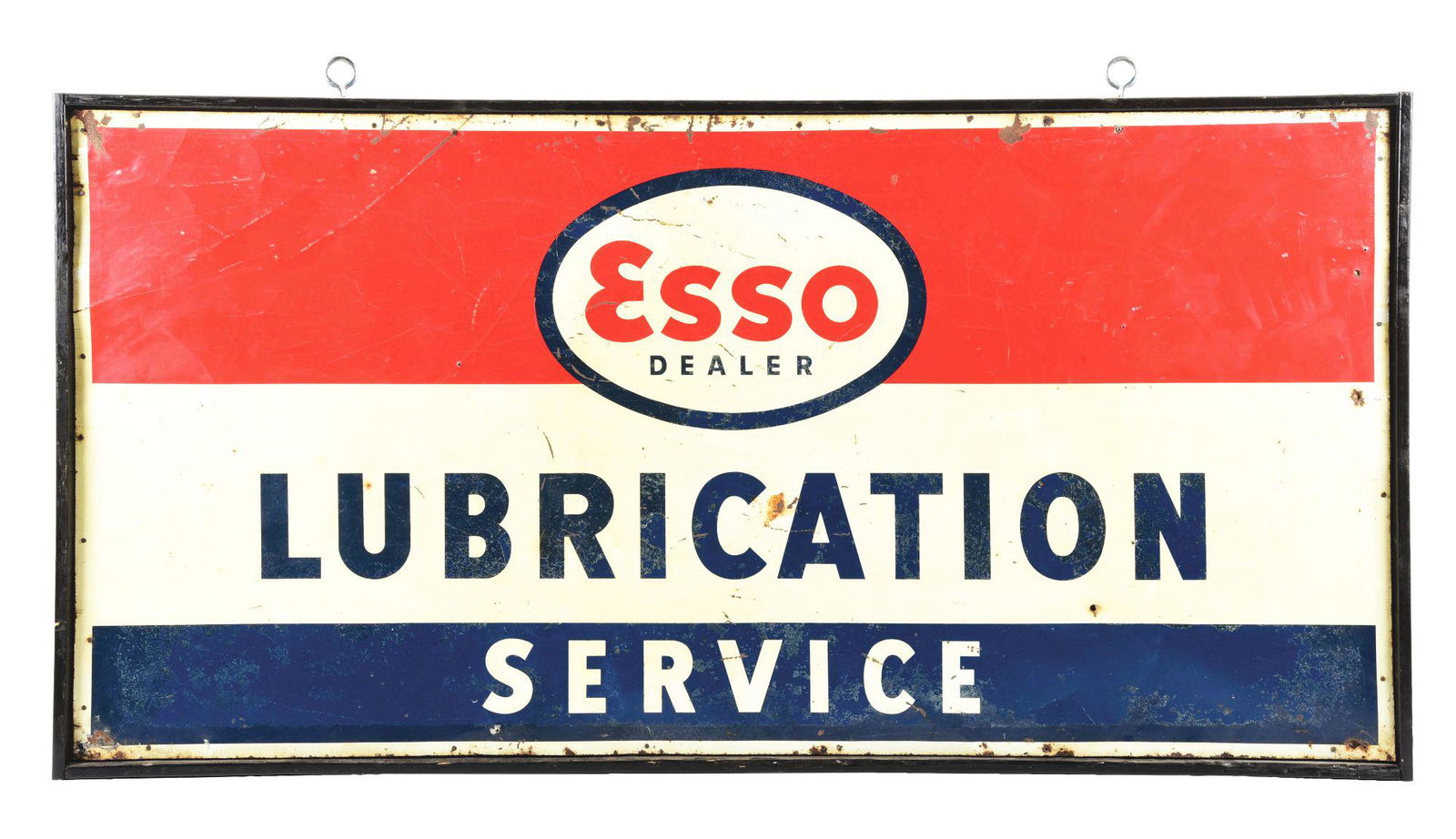 ESSO DEALER LUBRICATION SERVICE TIN SIGN W/ WOODEN FRAME. (1 of 2)