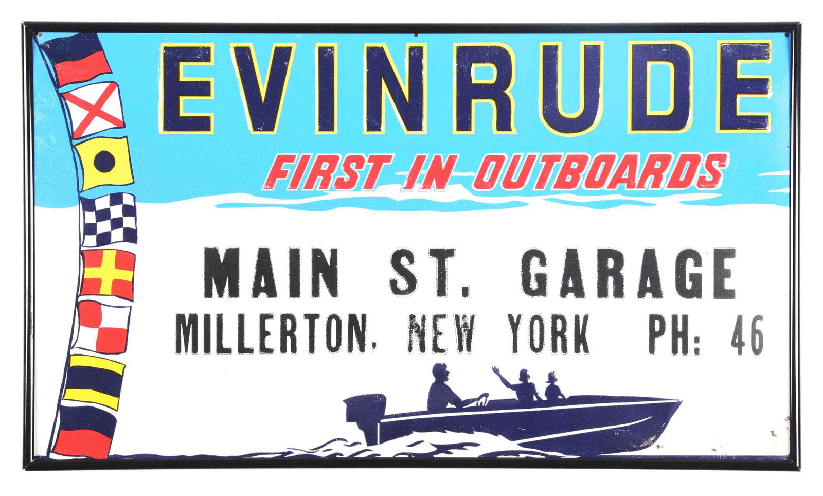SINGLE SIDED EMBOSSED TIN EVINRUDE OUTBOARD MOTOR SIGN.: SST. This is an excellent piece with the nautical flags spelling "Evinrude". Graphic shows man driving a boat with a family inside. There is very minor paint loss to the right hand corner and crazing