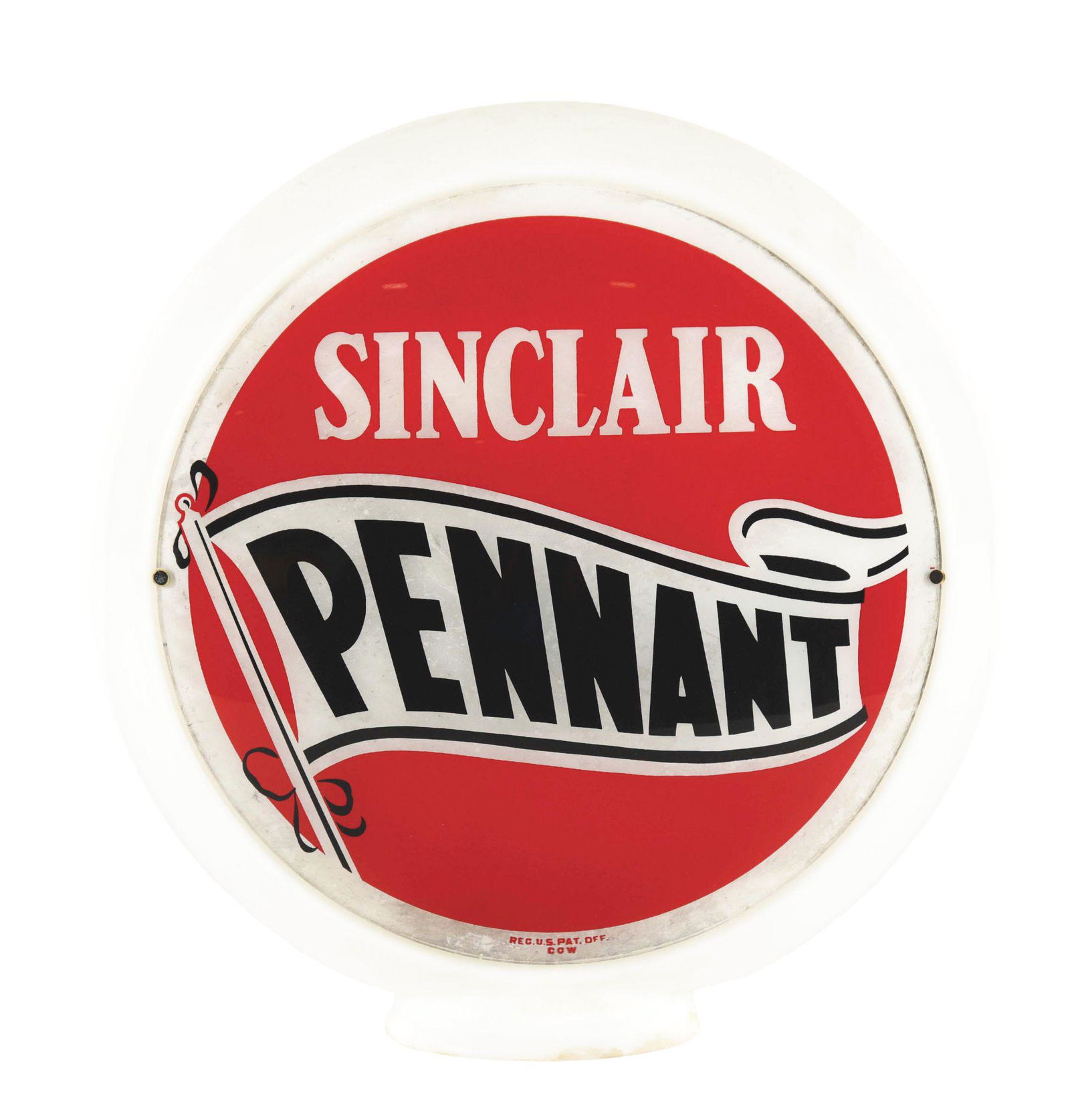 SINCLAIR PENNANT GASOLINE COMPLETE 13.5" GLOBE ON NARROW MILK GLASS BODY. (1 of 3)
