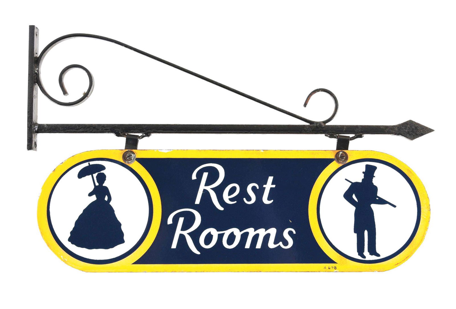 SUNOCO SERVICE STATION REST ROOMS PORCELAIN SIGN W/ ORIGINAL IRON BRACKET. (1 of 3)