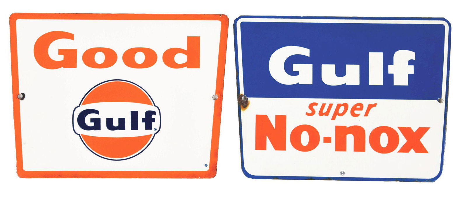 SET OF 2: GULF SUPER NO-NOX & GOOD GULF PORCELAIN PUMP PLATES. (1 of 2)