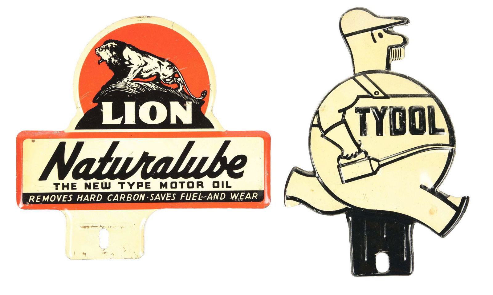 GROUP OF 2: TYDOL & LION EMBOSSED TIN LICENSE PLATE TOPPERS. (1 of 2)