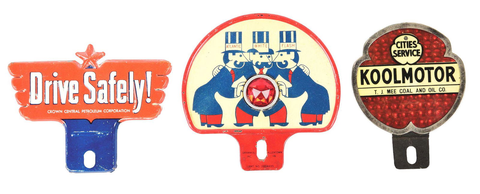 COLLECTION OF 3: AUTOMOTIVE LICENSE PLATE TOPPERS FROM ATLANTIC, CROWN & CITIES SERVICE. (1 of 3)