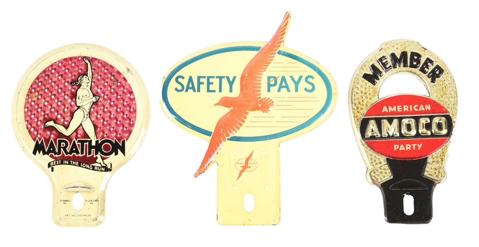 COLLECTION OF 3: EMBOSSED TIN LICENSE PLATE TOPPERS FROM FLEET WING, MARATHON & AMOCO. (1 of 3)