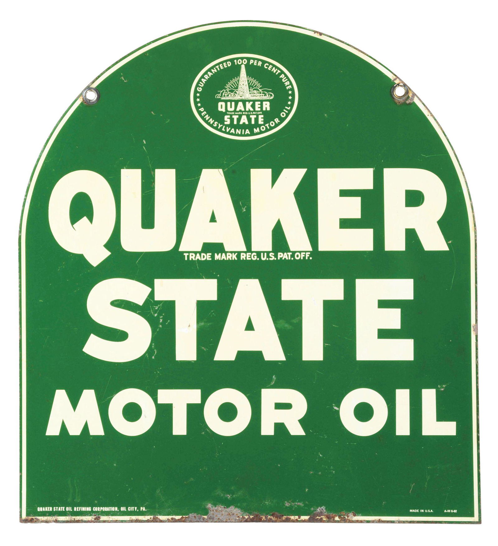 QUAKER STATE MOTOR OILS TIN SERVICE STATION SIGN. (1 of 4)