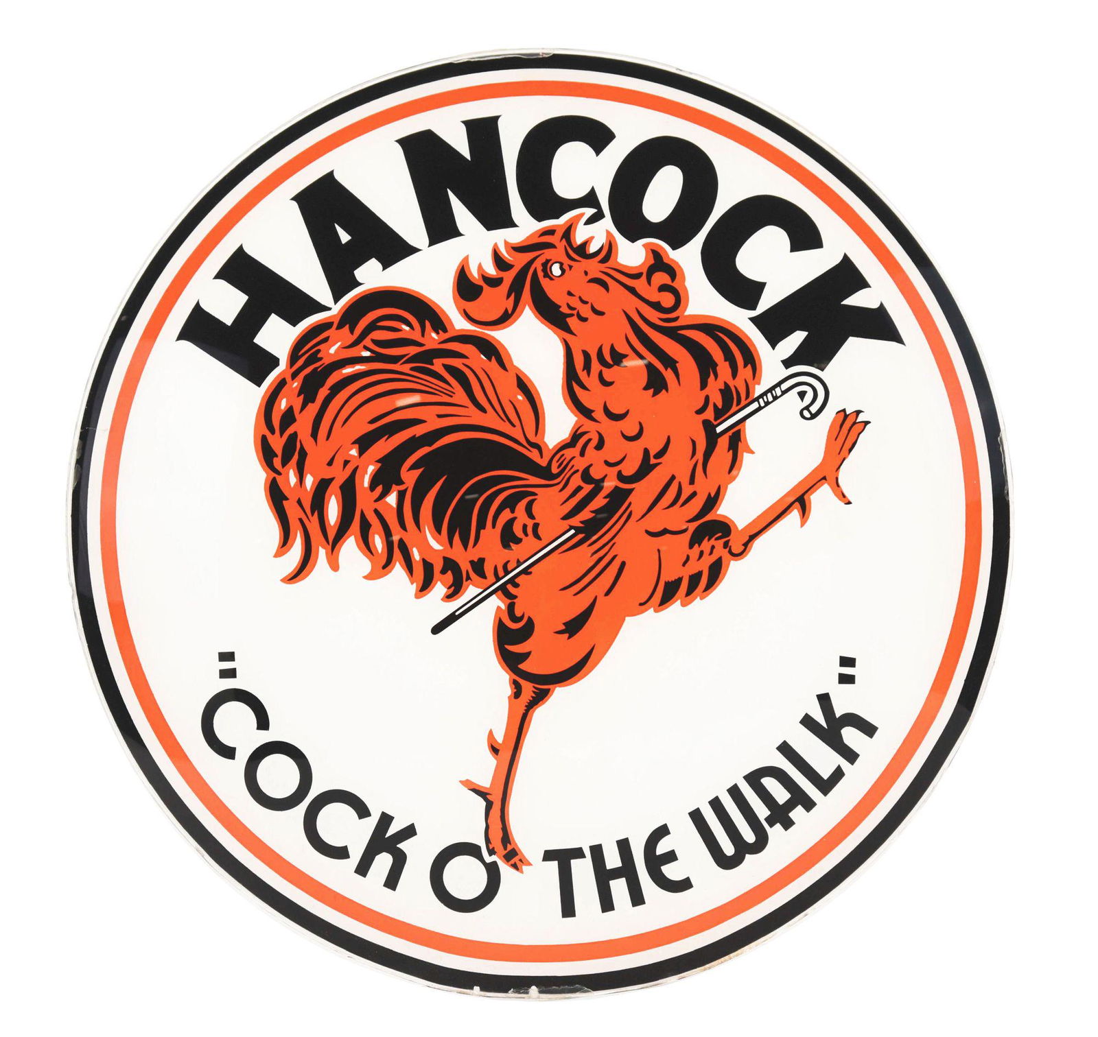 RARE HANCOCK GASOLINE "COCK O' THE WALK" 15" SINGLE GLOBE LENS W/ ROOSTER GRAPHIC. (1 of 2)