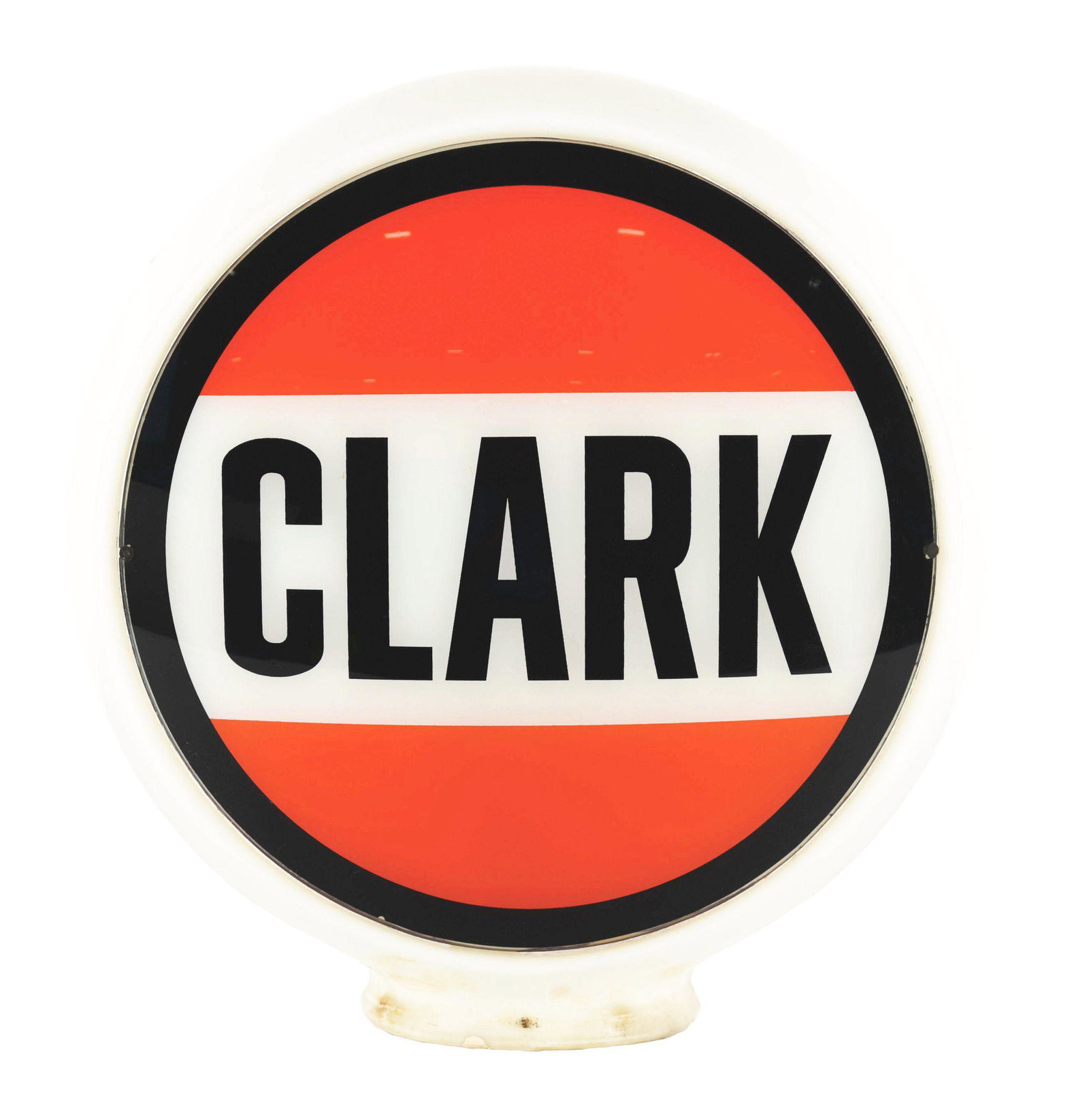CLARK GASOLINE SINGLE 13.5" GLOBE LENS ON WIDE MILK GLASS BODY.: Single 13.5" Globe Lens On Wide Milk Glass Body. A very clean example of this single Globe Lens from Clark Gasoline showing orange & black colors. CONDITION: Lens shows outstanding color and gloss wit