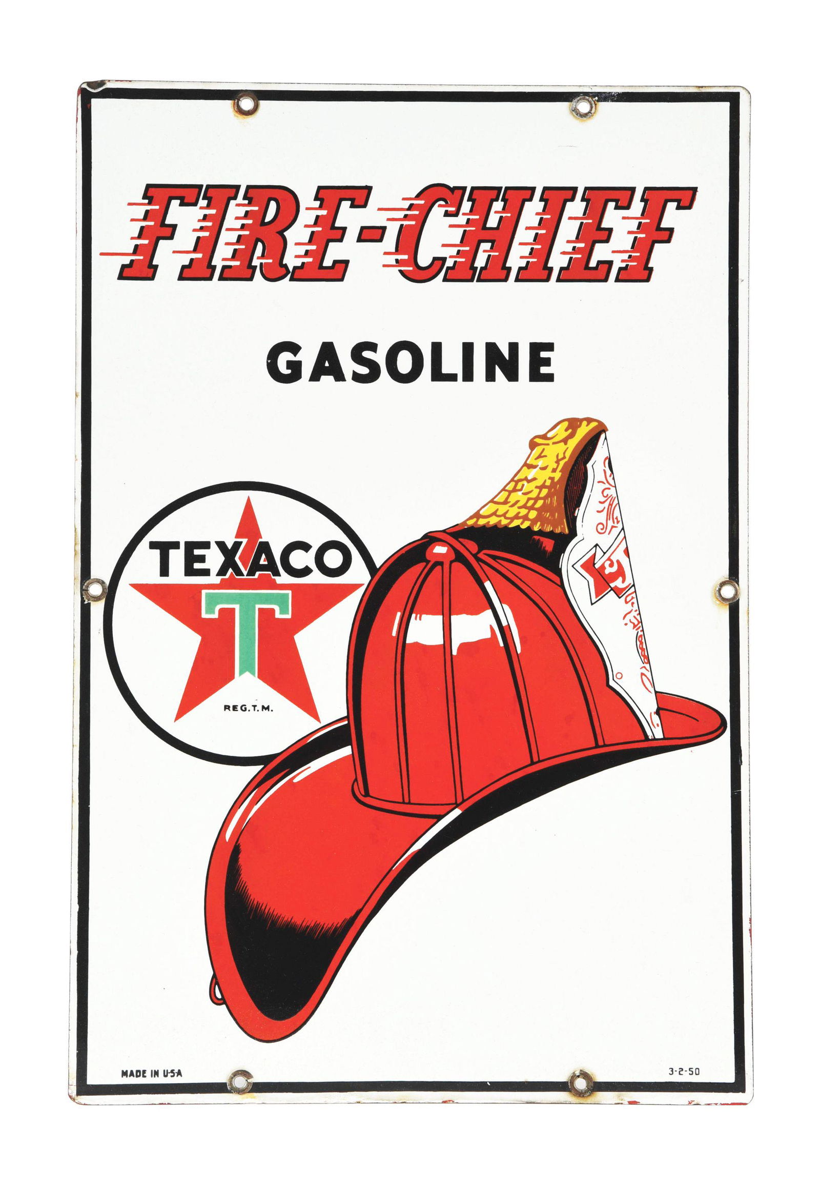 TEXACO FIRE CHIEF GASOLINE PORCELAIN PUMP PLATE SIGN. (1 of 4)