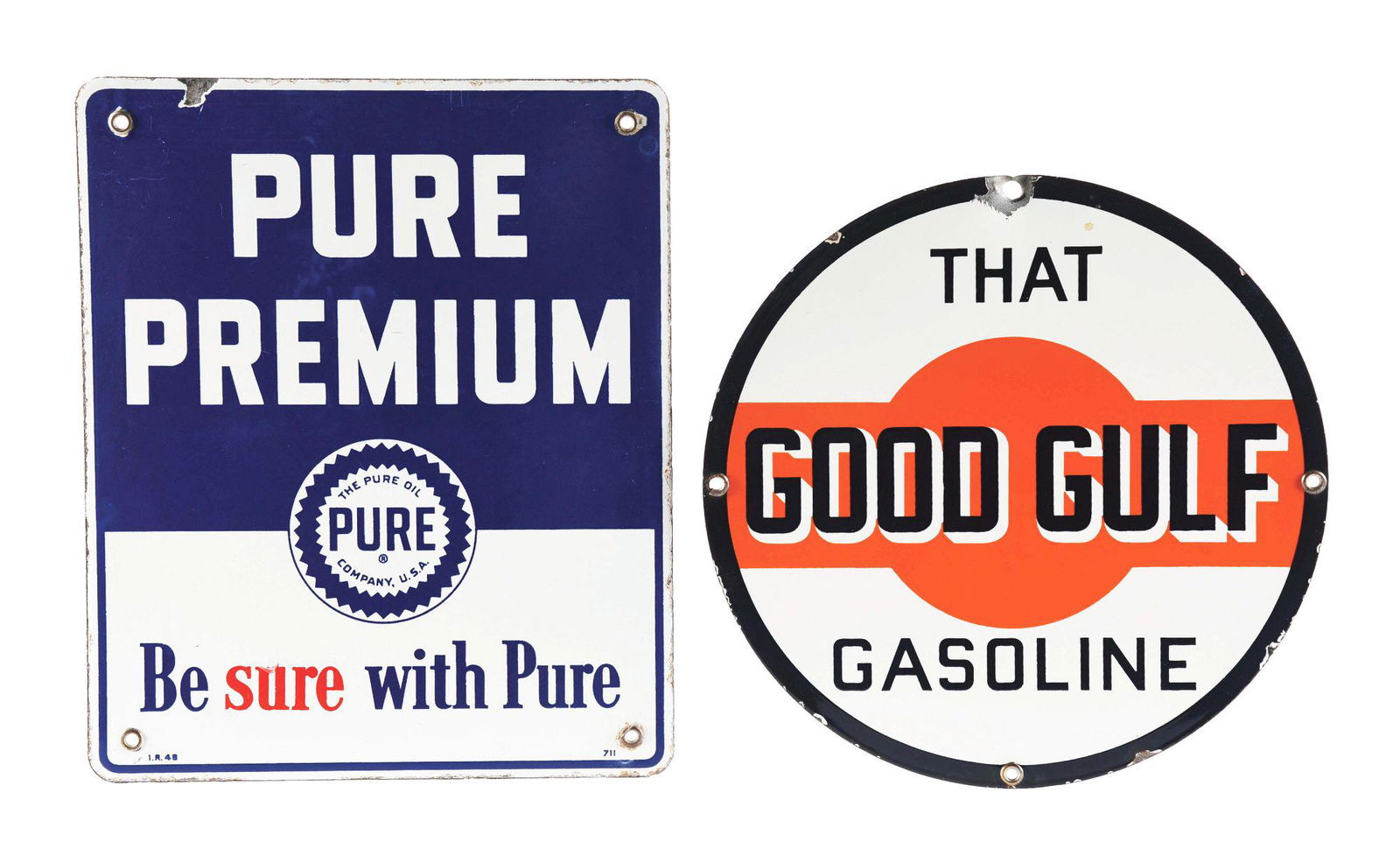 LOT OF 2: GULF & PURE GASOLINE PORCELAIN PUMP PLATE SIGNS. (1 of 4)