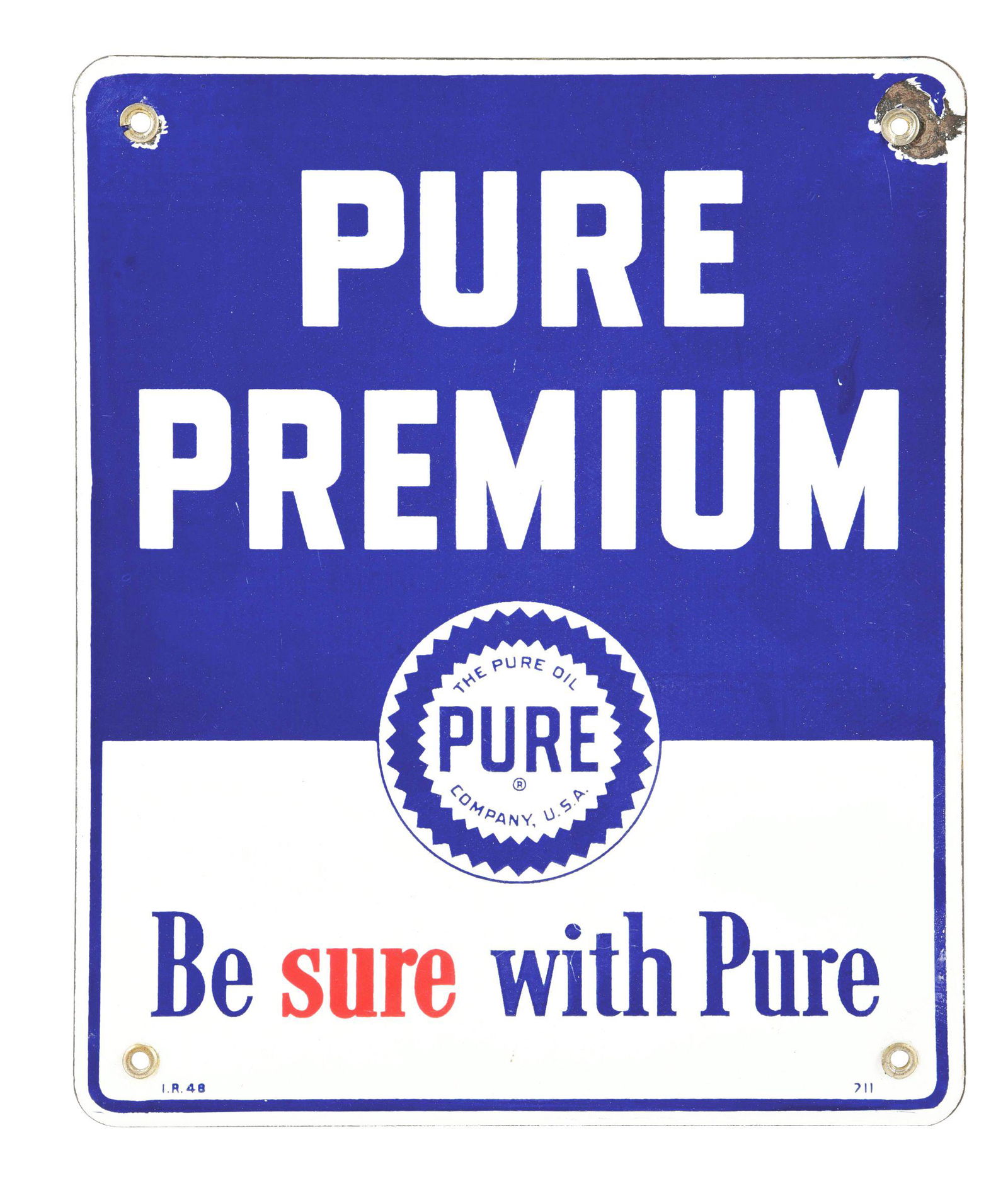 PURE PREMIUM GASOLINE PORCELAIN PUMP PLATE SIGN. (1 of 4)