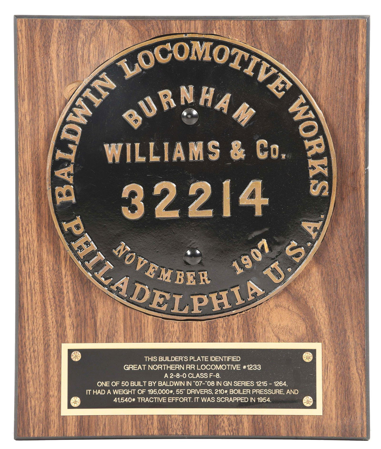 STEAM LOCOMOTIVE BUILDER'S PLATE. (1 of 2)