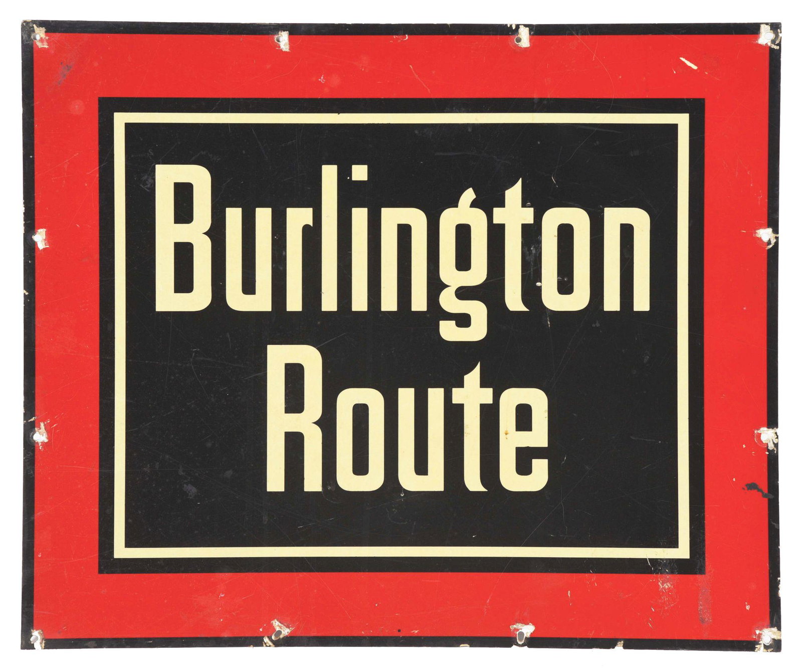 SINGLE SIDED ALUMINUM "BURLINGTON ROUTE" RAILROAD SIGN.: The white areas of the sign is reflective with minor surface scratching. The overall color and gloss of the piece is strong. There is also some paint loss at each of the hanging holes. This is not a s