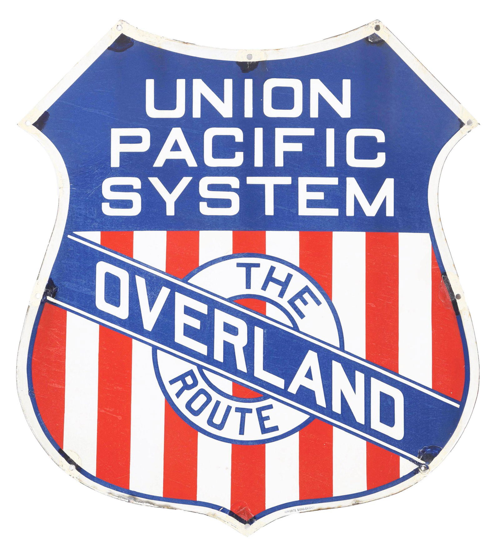 SINGLE SIDED PORCELAIN "UNION PACIFIC SYSTEM THE OVERLAND ROUTE" DICUT SHIELD SIGN. (1 of 3)