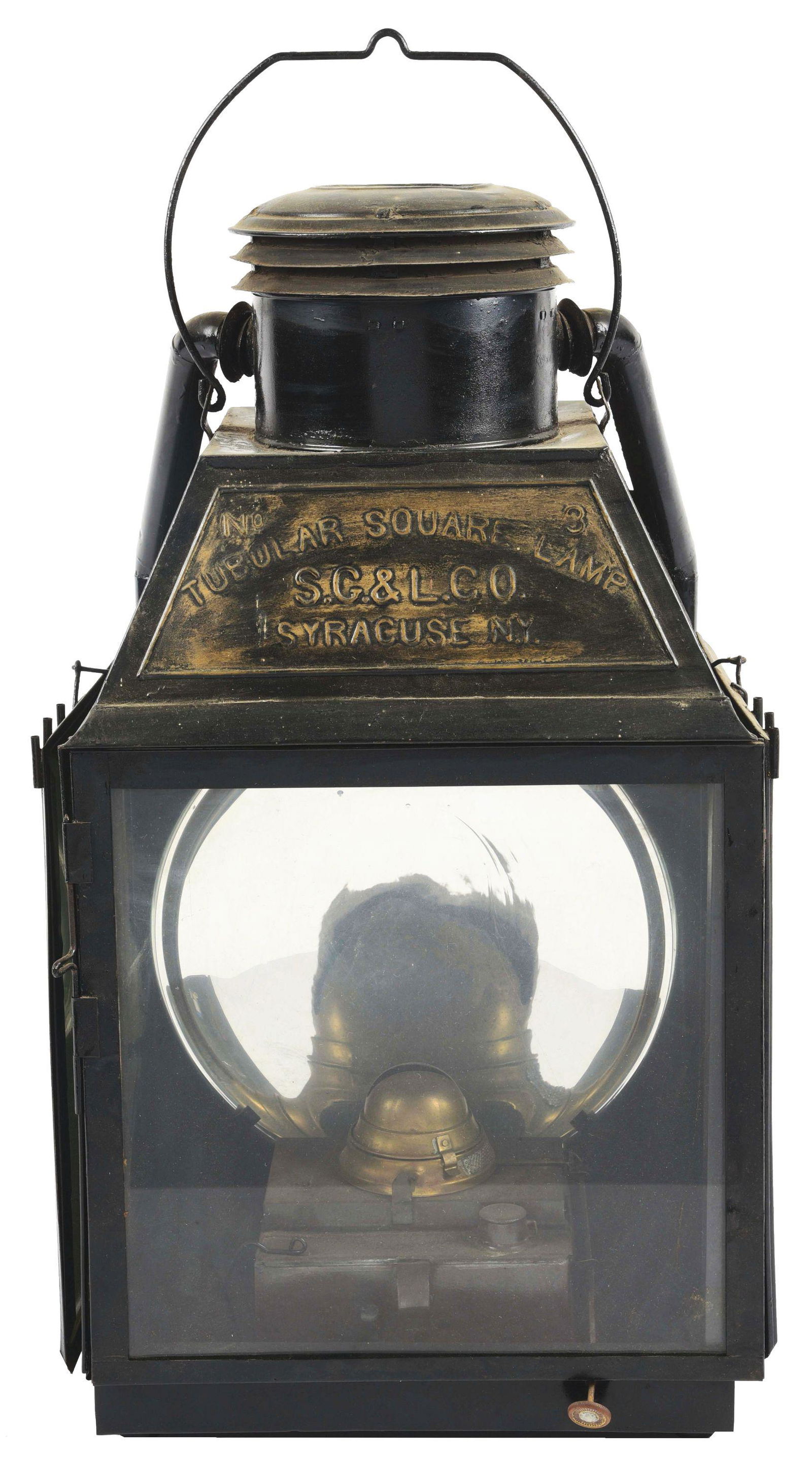 RAILROAD TUBULAR LAMP.: A cold blast No. 3 tubular square lamp made by the Steam Gauge & Lantern Company in Syracuse, New York, as indicated on an embossed plate affixed to the front of the lamp. It has the correct fount and