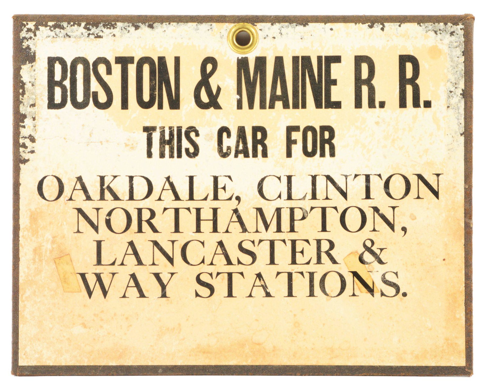 DOUBLE SIDED MASONITE BOSTON & MAINE R.R SIGN.: This is an excellent verbiage sign. Side A, has staining to the face throughout and very minor tears to the Masonite. Side B, has similar staining and some wear to the attached sticker. Overall, this 