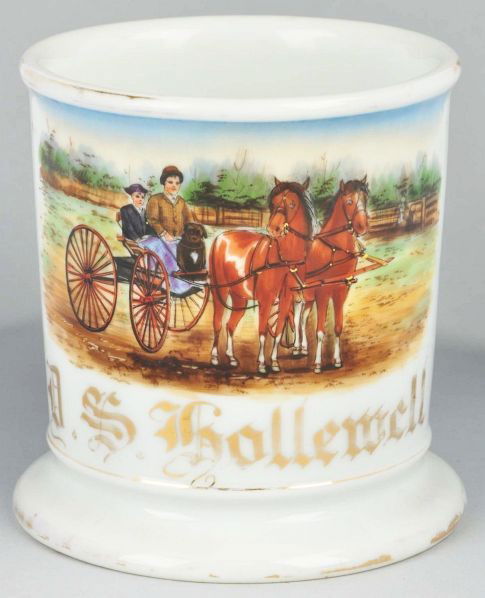 Horse-Drawn Buckboard Shaving Mug.: Description Gilt name "D.S. Hollewell". Shows a man, boy, and dog. Numbers "645" and "124" on bottom. Moderate gold loss to top and bottom rims but no cracks, chips, or repairs. Condition (Excellent P