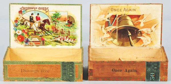 Lot of 2: Cigar Boxes.: Description Both are rare. Includes Once Again depicting a large bell with doves and Thorough-Breds depicting a foxhunt with gentleman and lady jumping over a fence. Condition (Excellent). Size Larges