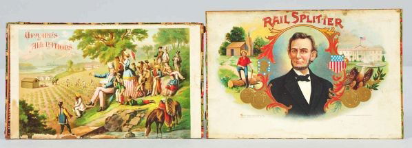 Lot of 2: Rare Patriotic Cigar Box Lids.: Description Both rare. Lids only, boxes are not included. Includes Rail Splitter depicting President Lincoln with the capital in the background and Upmann's All Nations depicting Uncle Sam looking ove