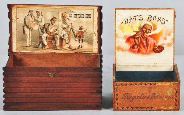 Lot of 2: Rare Black History Cigar Boxes.: Description Includes Dat's Boss (with detached lid) depicting an elderly African American man with white hair smoking a cigar and Old Kentucky Home depicting a family waiting at the train station. Con