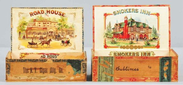 Lot of 2: Wooden Cigar Boxes.: Description Both are rare. Includes Road House (with detached lid) showing an old mansion with horse and buggies traveling and Smokers Inn depicting an old Victorian home with outside label. Condition
