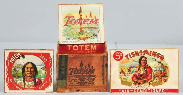Lot of 3: Rare Indian Cigar Boxes.: Description Includes Tish-Mingo (lid only) depicting Indian with teepees in background, Totem featuring Indian (lid only), and Totem featuring pole (with detached lid) showing a totem pole with outsid