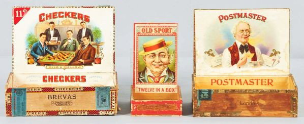 Lot of 3: Slice of Life Cigar Boxes.: Description Includes Checkers showing two men playing checkers while smoking their cigars, Postmaster showing man sorting through mail while smoking a cigar, and Old Sport depicting a gentleman with s