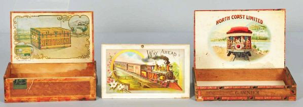 Lot of 3: Train-Related Cigar Boxes.: Description All are rare. Includes Red Trunk (detached lid) showing a large red trunk sitting in a railroad station and awaiting the train, North Coast Limited showing a caboose with several people in