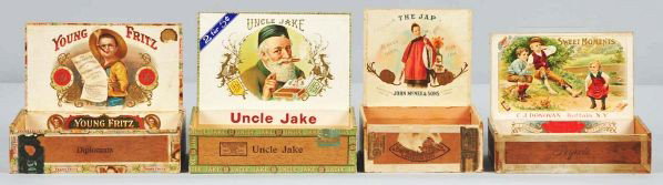 Lot of 4: Cigar Boxes.: Description Includes Uncle Jake depicting an elderly man with hat smoking a cigar, The Jap depicting a lady in kimono-style dress smoking a cigar, Sweet Moments depicting three children playing, and Y