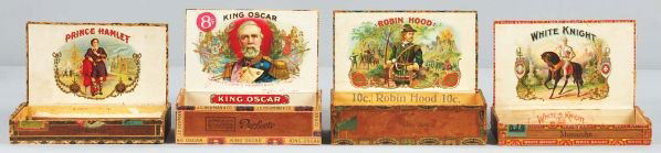 Lot of 4: Scarce Historical Cigar Boxes.: Description Includes Prince Hamlet, White Knight, King Oscar manufactured by John Herman in Harrisburg, PA, and Robin Hood with castle and Robin Hood's men fighting in background. Condition (Excellent