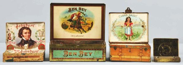Lot of 4: Tin Cigar Boxes.: Description Includes Schubert showing Schubert with his violin and harp, Cuban Daisy depicting a young girl picking flowers, Ben Bey showing an Arabian man with gun riding a horse across the desert, a