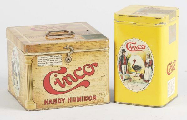 Lot of 2: Cinco Cigar Tins.: Description The yellow tin has some light paint flaking along the edges. Condition (Excellent). Size Largest: 5 - 1/4" T.