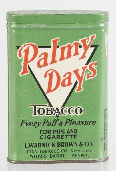 Palmy Days White Triangle Tobacco Tin.: Description By Penn Tobacco Company in Wilkes Barre, PA. Very minor light scratches. Condition (Excellent). Size 4 - 1/2" T.