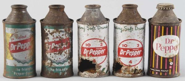 Lot of 5: Assorted 6oz. Dr. Pepper Cone Top Cans.: Description Circa 1950s. Generally rough and worn overall with considerable body rust and holes to bottom sides of two cans. Condition (Poor). Size Each: 4 - 3/4" T.
