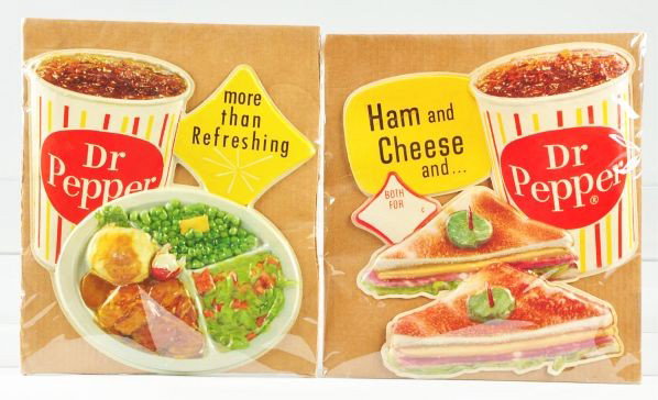 Lot of 4: Dr. Embossed Plastic Pepper Signs.: Description 1960s. Only light wear, soiling, and a few closed cracks near edges. Condition (Excellent Plus). Size Each: 13" T.