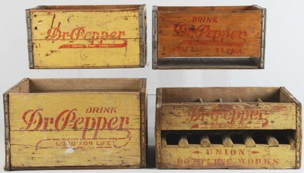 Lot of 4: Wooden Dr. Pepper Crates.: Description Circa 1930s and earlier. Medium to heavy overall wear. Condition (Good - Very Good). Size Largest: 18" x 10" x 12".