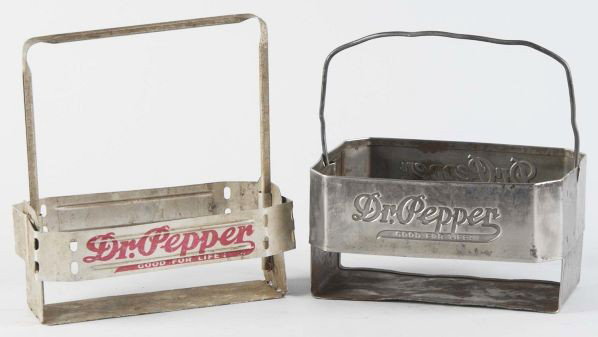 Lot of 2: Metal Dr. Pepper Carriers.: Description Circa 1940s. The smaller of the two is aluminum and the larger-framed carrier is embossed metal. Average overall wear and some minor bends. Condition (Very Good Plus). Size Largest: 8 - 1/