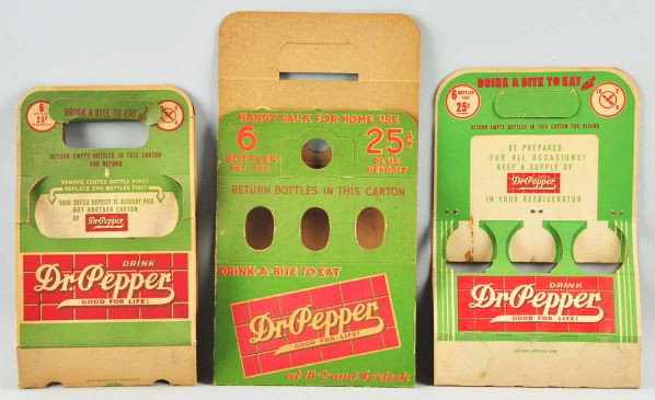 Lot of 3: Cardboard Dr. Pepper Carriers.: Description Late 1930s to 1940s. Nice graphics. These carriers are not commonly found. Only some medium soiling, minor stains, and light wear. Condition (Very Good - Excellent).