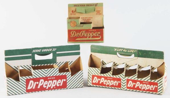 Lot of 3: Cardboard Dr. Pepper Carriers.: Description 1940s to 1950s. Very little wear to one of the 12-pack carriers while the other two have medium soiling and overall wear. Condition (Very Good - Near Mint). Size Largest: 7 - 1/2" x 4 - 1/