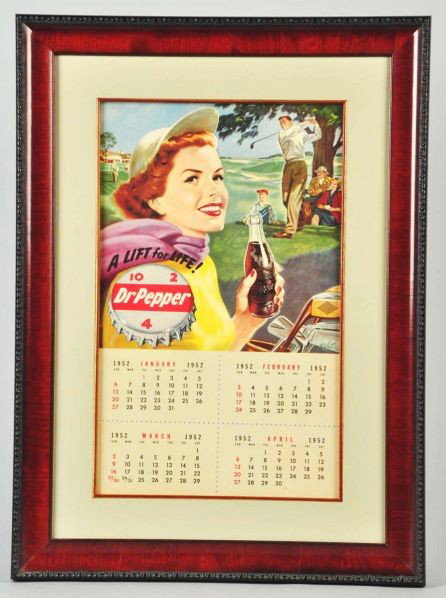 Lot of 2: Framed 1950s Dr. Pepper Calendars.: Description Both are framed and matted under glass. The 1956 calendar has only the October through December pages and light wear with one horizontal fold mark. The 1952 calendar has only miniscule mar