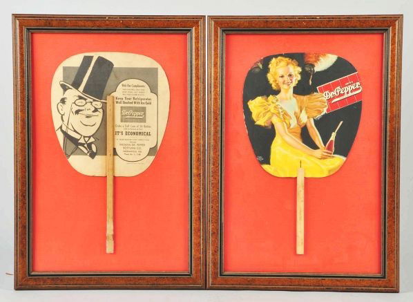 Lot of 2: Dr. Pepper Fans.: Description Both are framed under glass. Circa 1930s to 1940. One shows Earl Moran artwork "Girl in yellow dress" and the other shows the rear of the fan with the Dr. from Indianapolis. The girl is ve