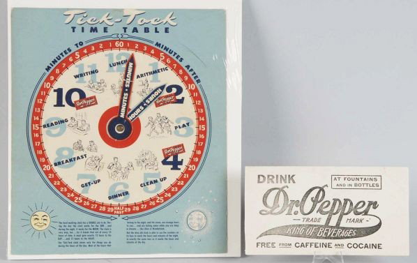 Lot of 2: Dr. Pepper Items.: Description Includes time table and ink blotter. The ink blotter appears to have been trimmed just a little bit, otherwise only minor marks, light wear and a few small stains. The hands on the time ta