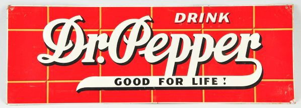 Lot of 2: Embossed Tin Dr. Pepper Signs.: Description 1930s. The earlier sign is near mint, as-manufactured with only a few shallow crimps and the 1939 sign (brick design) has two small tack holes in upper corners, a few minor marks, and mino