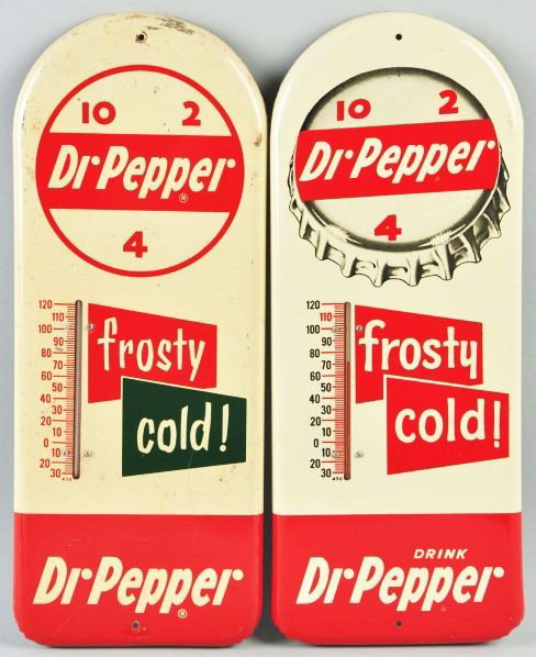 Lot of 2: Tin Dr. Pepper Thermometers.: Description Circa 1950s. Two variations on the Frosty Cold slogan. One with the all red accents is the very clean example with only some small marks. The version with the green highlight on the world 