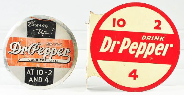 Lot of 2: Aluminum & Tin Flange Dr. Pepper Signs.: Description The flange sign is circa 1950s to 1960s and the aluminum sign circa 1940s. Part of the flange is snipped at the top; otherwise, only some edge rust, wear, and scratches to both of the sign