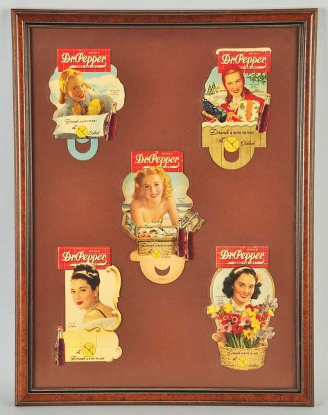 Lot of 5: 1940s Dr. Pepper Bottle Toppers.: Description All framed under glass, together. Most are very clean. Two or three with some very minor edge marks, light wear, and light to medium soiling. Condition (Excellent - Near Mint). Size Framed