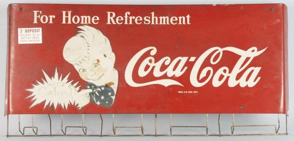 Lot of 2: Tin & Metal Soda Advertising Bag Racks.: Description Includes one for Grapette with multiple stains and scratches on front and one for Coca-Cola with some fading and scratching throughout. Condition (Very Good). Size Largest: 37" L.