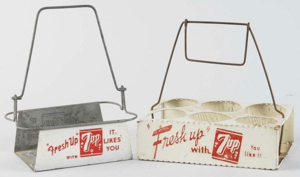 Lot of 2: Metal 7up 6-Pack Carriers.: Description 1940s to 1950s. Some light wear, soiling, and minor rust. Both carriers display very well. Condition (Very Good). Size Largest: 10" T.
