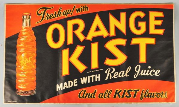 Lot of 2: Paper 1940s Orange Kist Signs.: Description Clean, bright, and unused with only very minor fold/roll marks. Condition (Near Mint). Size Each: 57 - 1/2" x 34".