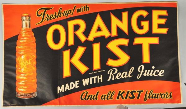 Lot of 2: Paper 1940s Orange Kist Signs.: Description Clean, bright, and unused with only very minor fold/roll marks. Condition (Near Mint). Size Each: 57 - 1/2" x 34".